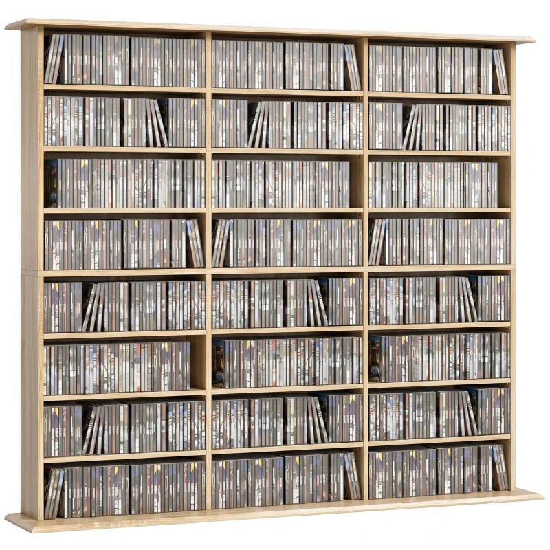 CD & DVD Storage Cabinet, Multimedia Organizer — Holds up to 1,032 CDs / 594 DVDs & Blu-ray, 24 Compartments, 18 Adjustable Shelves, for Living Room or Bedroom, 57.1 x 9.4 x 49.8 in, Oak