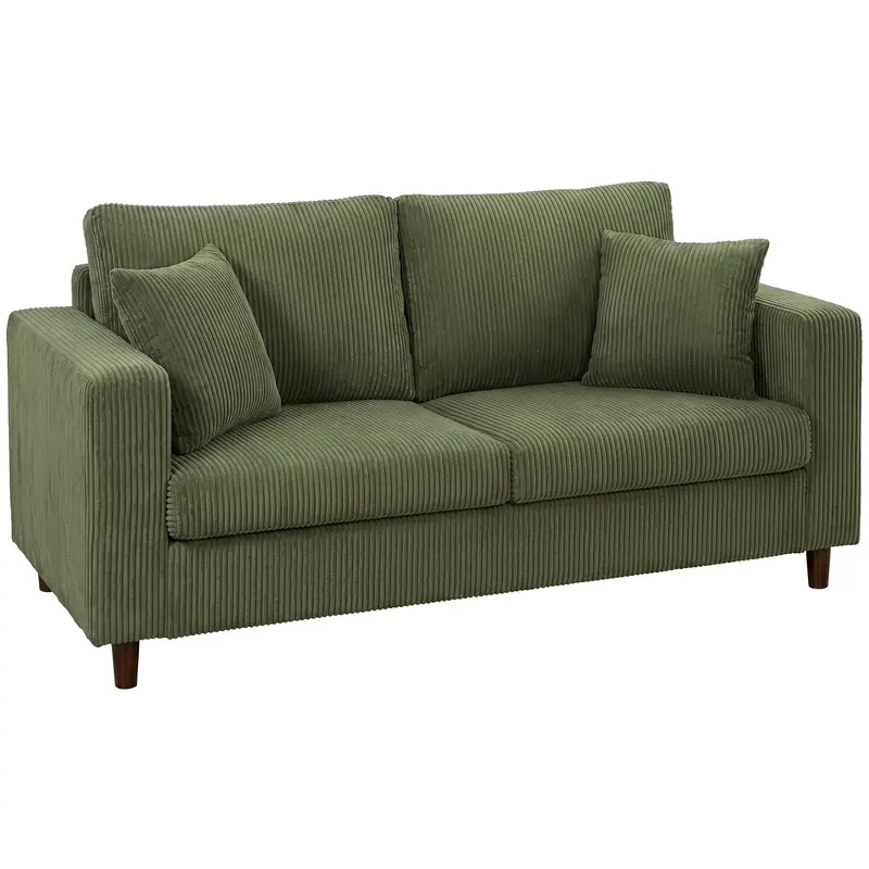 2-Seater Ribbed Velvet Sofa — Wide Deep Seat, Thick Pocket-Spring Cushioning, Wide Armrests, 2 Cushions, Rubberwood Legs, 67 x 31.5 x 32.3 in (170 x 80 x 82 cm), Green