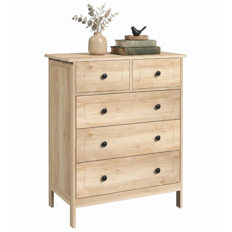 5-Drawer Chest, Contemporary Oak Storage Cabinet with Metal Handles, 29.1 x 15.7 x 35.8 in