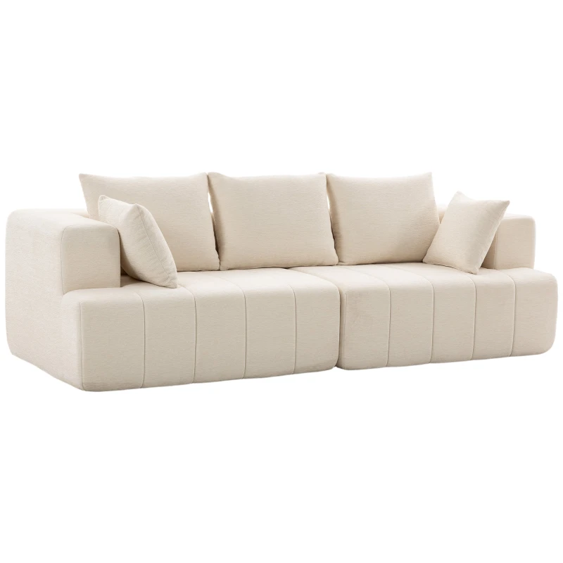 3-Seater Chenille Sofa, 98 in Wide Modern Living Room Couch with Thick Padded Seat, Pocket Springs, Wide Armrests, 2 Cushions, Non-Slip Base – Beige