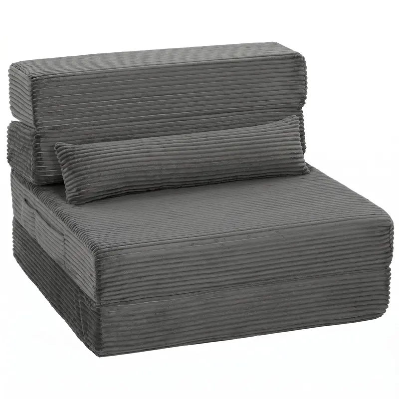 Floor Chair with Back Support, Corduroy Folding Sofa Bed, Boneless Cloud Gaming Chair with Thick Padding, Lumbar Pillow & Side Pockets for Living Room & Bedroom, Dark Gray