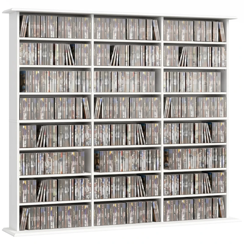 CD & DVD Storage Cabinet – Slim Media Organizer, Holds up to 1,032 CDs / 594 DVDs & Blu‑ray, 24 Compartments, 18 Adjustable Shelves, White (57.1 x 9.45 x 49.7 in)