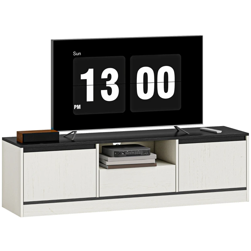 TV Stand 55 in (140 cm) for TVs up to 60 in - Modern Two-Tone TV Unit with 2 Cabinets, Open Shelf & Drawer - Black Wood Grain/White