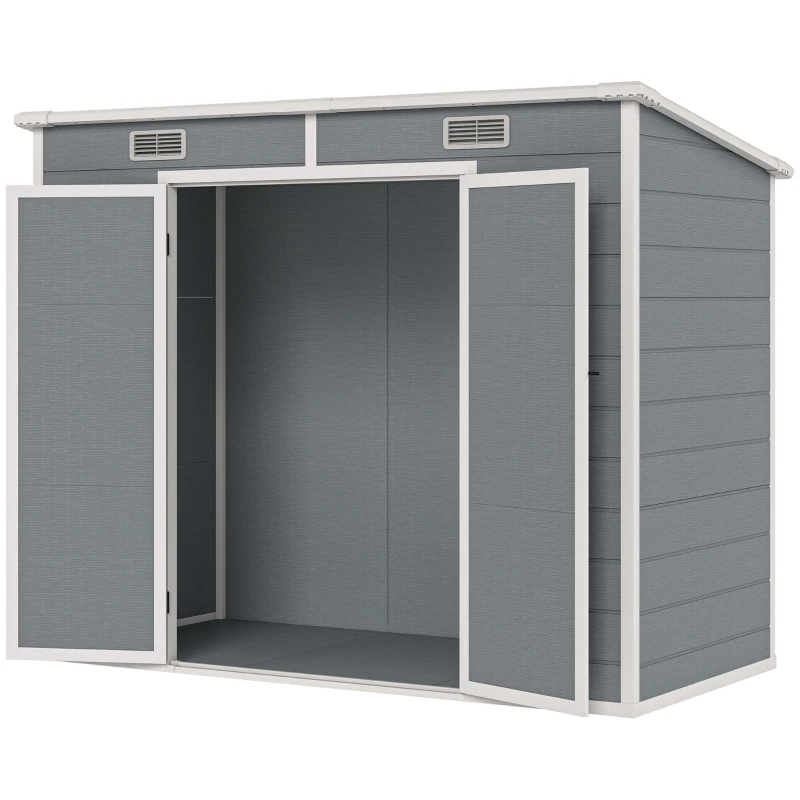 Abri de jardin 2,54 m2 cabane de jardin extérieur 2,4 x 1,3 m cabanon rangement outils avec fondation, fenêtre, portes verrouillables et 2 aérations, abri à outils en aluminium et PP, gris
