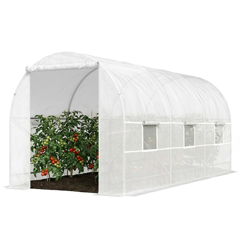 Serre tunnel de jardin 9m2, serre de jardin tunnel 445x200x200cm avec porte et 6 fenêtres, pour extérieur, toutes saisons, légumes, fruits, fleurs, bache PE haute densité 140 g/m2 blanc