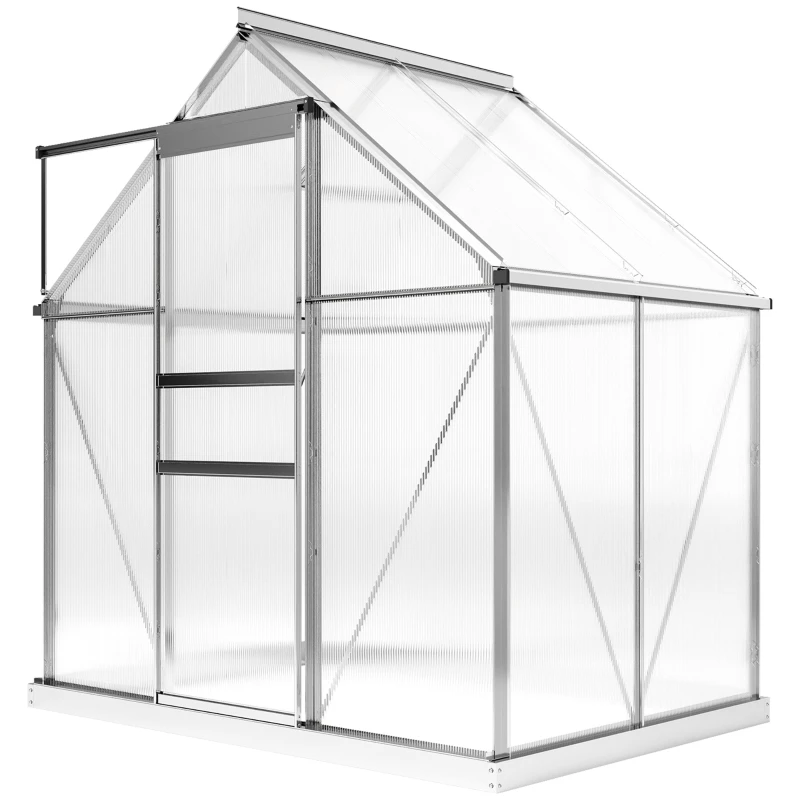 Serre de Jardin 2,5 m2 en Aluminium Polycarbonate avec Fondation, 192,5 x 131 x 200 cm, Serre avec Fenêtre Réglable et Porte Coulissante, Abri Extérieur Résistant aux Intempéries, Argent