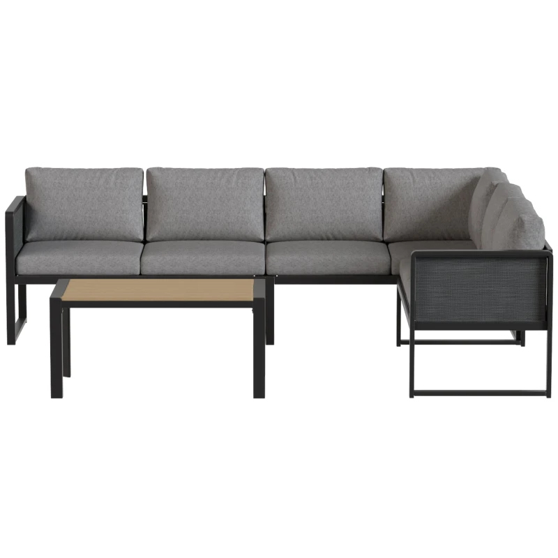 Salon de jardin extérieur d'angle modulable 6 personnes, canapés, table basse à lattes effet bois, coussins, structure en métal et textileline, mobilier de jardin terrasse balcon, gris foncé