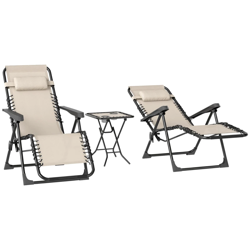 Lot de 2 chaise longue pliable et inclinable avec table d'appoint, porte-gobelets et appuie-têtes, charge 120 kg, beige