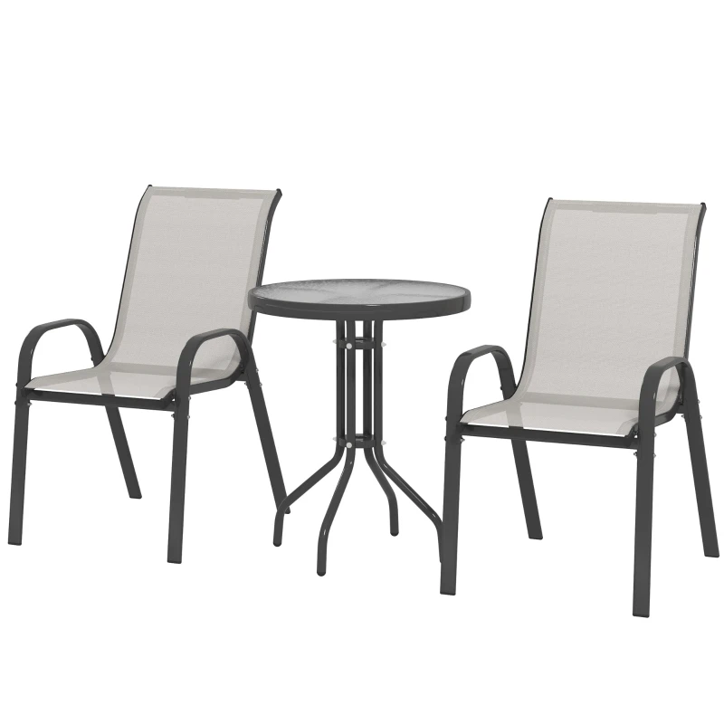 3 pièces salon de jardin extérieur ensemble de meubles 2 fauteuils empilables table basse dessus verre trempé gris clair