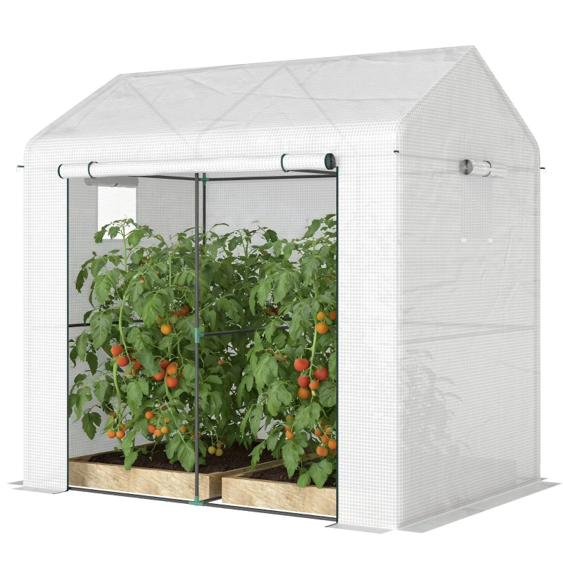Serre de jardin PE, serre de balcon, bache renforcée 135 g/m2, chassis en acier, porte zippée enroulable, pour légumes plantes fleurs, intérieur et extérieur, 200 x 140 x 200 cm, blanc