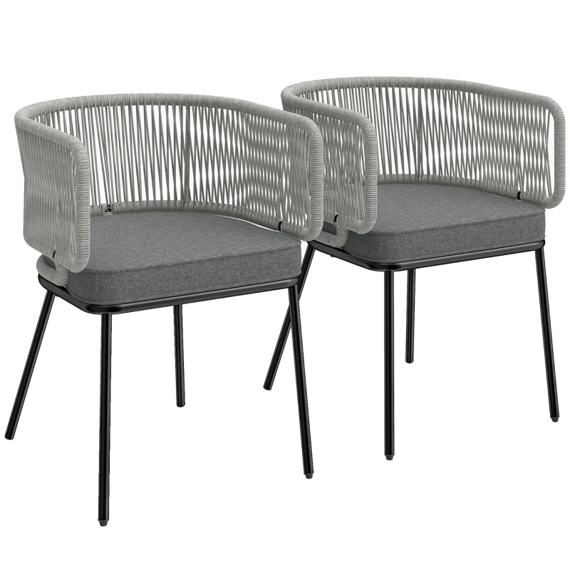 Lot de 2 Fauteuils de Jardin, Chaises de Balcon avec Dossier et Accoudoirs en Corde Résine Tressée, Coussins Amovibles, Cadre en Acier, Chaise de Jardin pour Plage Balcon Terrasse, Gris Clair