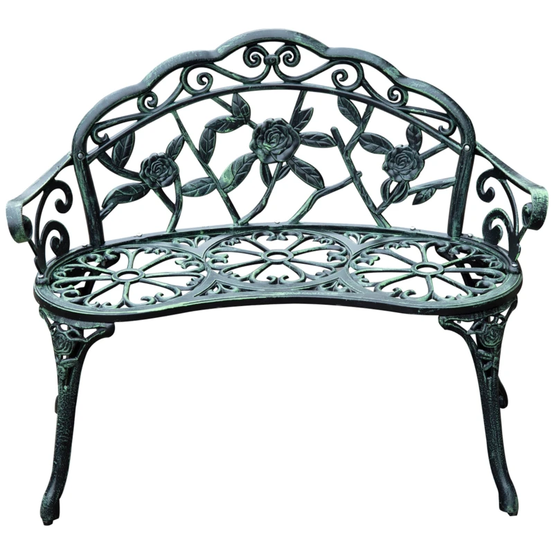 Banc de Jardin 2 Places Style néo-rétro Motif Rose Lignes fuselées 100L x 54l x 78H cm Fonte d'aluminium Vert Vieilli