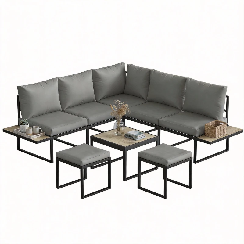 Salon de jardin extérieur 6 personnes - ensemble de canapé extérieur modulable avec table basse et plateaux latéraux en bois PSPC - coussins épais 10cm confortable pour terrasse, balcon gris