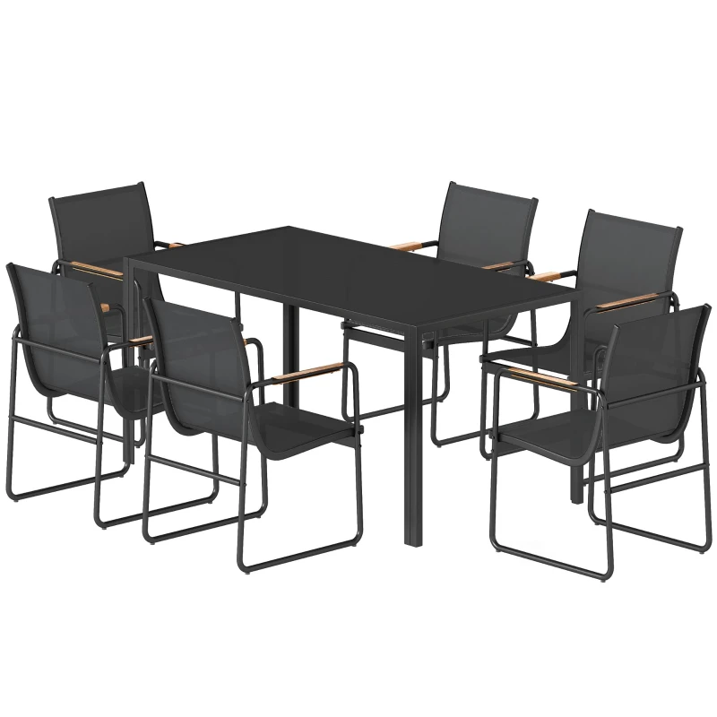 Ensemble de Salle à Manger d'Extérieur 7 Pièces pour 6 Personnes, Table en Verre et Chaises avec Accoudoirs Décoratifs, Maille Résistante aux Intempéries, Noir