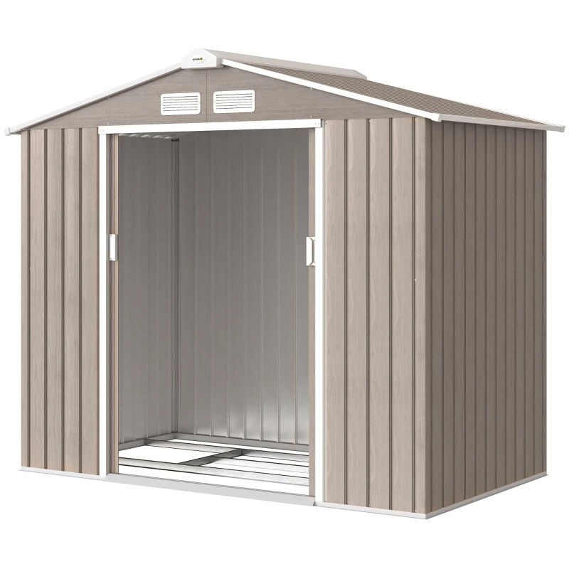 Abri de jardin en métal 2,77 m2 cabane de jardin 213 x 130 x 185 cm cabanon rangement outils avec kit de fondation, porte coulissante verrouillables et 4 aérations - marron clair