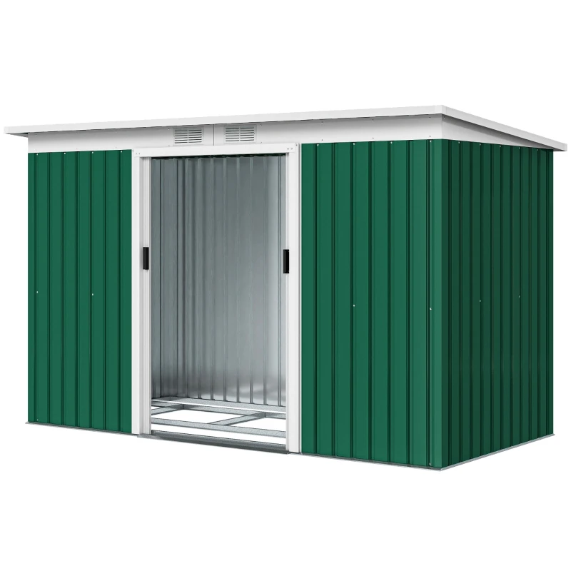 Abri de jardin 3,6 m² avec fondation et portes coulissantes verrouillables en vert