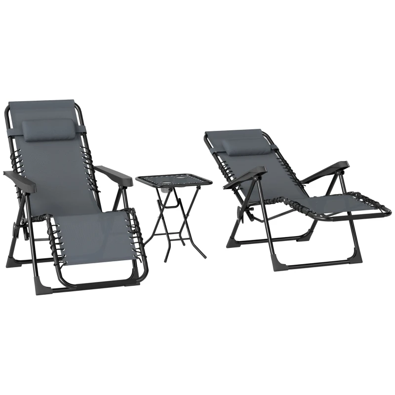 Lot de 2 chaise longue pliable et inclinable avec table d'appoint, porte-gobelets et appuie-têtes, charge 120 kg, gris