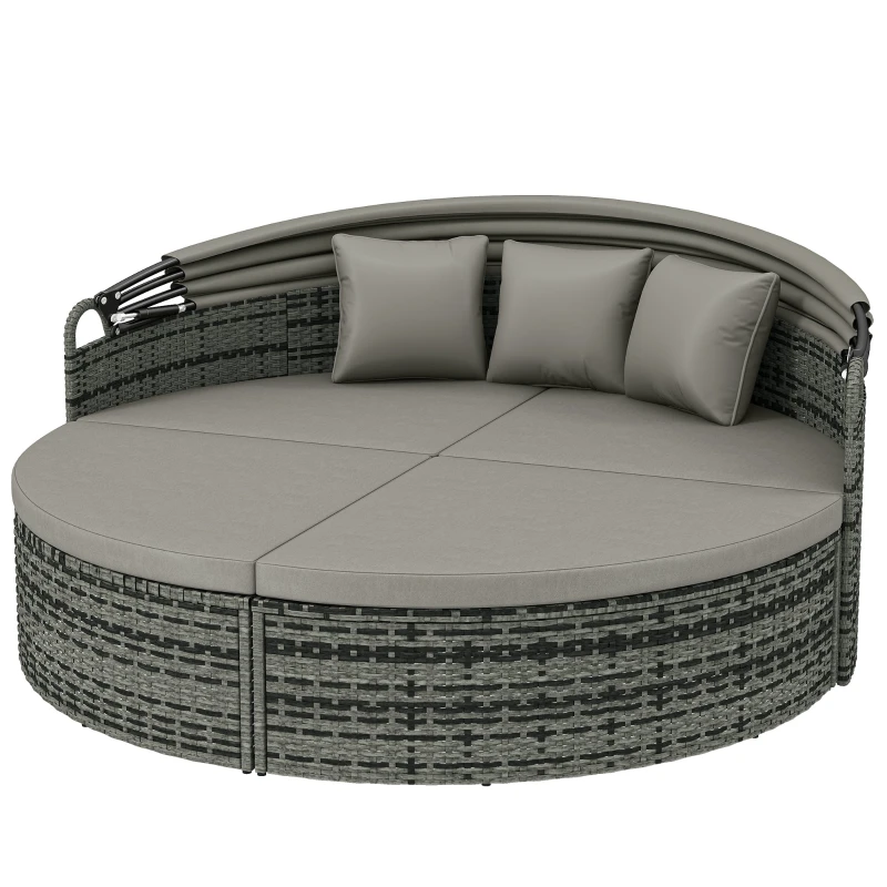 Bain de soleil rond, lit de jardin extérieur modulable 3 PSC en résine tressée avec auvent rétractable, coussins et oreillers, chaise longue relax pour piscine, terrasse, véranda, gris clair