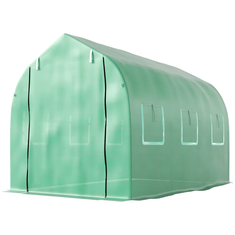 Serre tunnel 6 m² avec porte zippée et 6 fenêtres de couleur verte