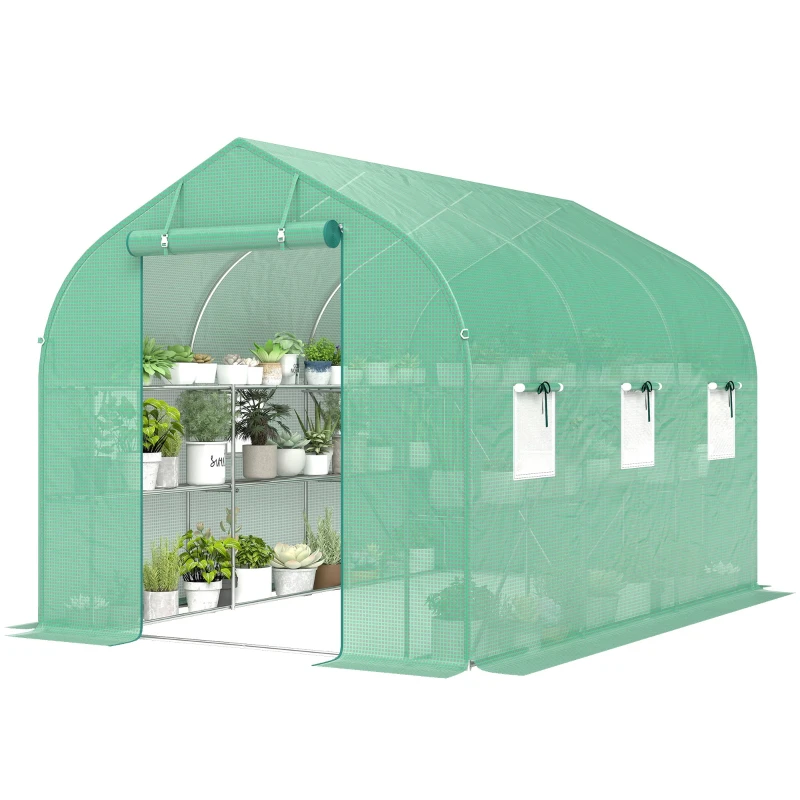 Serre tunnel de jardin 6m2, serre de jardin avec étagères, 198x293x194cm, cadre en acier galvanisé, porte et 6 fenêtres, pour extérieur, toutes saisons, bache PE haute densité 140 g/m2, vert