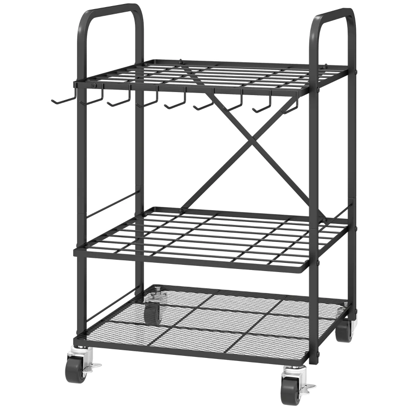 Organisateur d'outils de jardin avec 9 crochets, support à outils de jardin 40 compartiments, porte-outils de garage en métal sur roulettes pour sécateurs, pelles, rateaux, noir