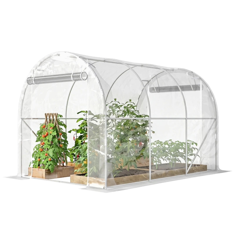 Serre tunnel de jardin 6m2, serre de jardin tunnel 195x295x195cm avec cadre acier galvanisé, 2 portes, bache PE haute densité 150g/m2 prolongée de 20 cm, pour extérieur transparent