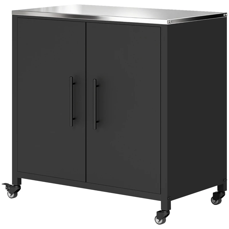 Armoire de jardin en Métal Extérieur, Armoire de Rangement de Jardin avec Toit en Acier Inoxydable et Roulettes, Portes Magnétique et étagère Amovible, 80 x 50 x 90 cm, Noir