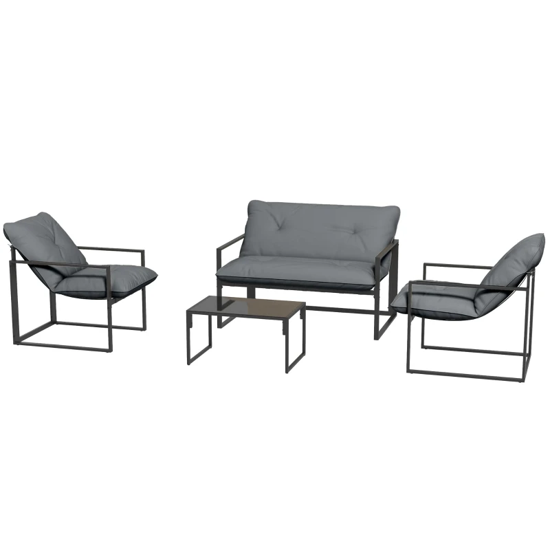 Salon de jardin extérieur 4 pièces avec coussins ultra-épais 15cm - ensemble mobilier de jardin et salon bas pour terrasse - canapé 2 places avec table basse et 2 fauteuils, cadre acier noir
