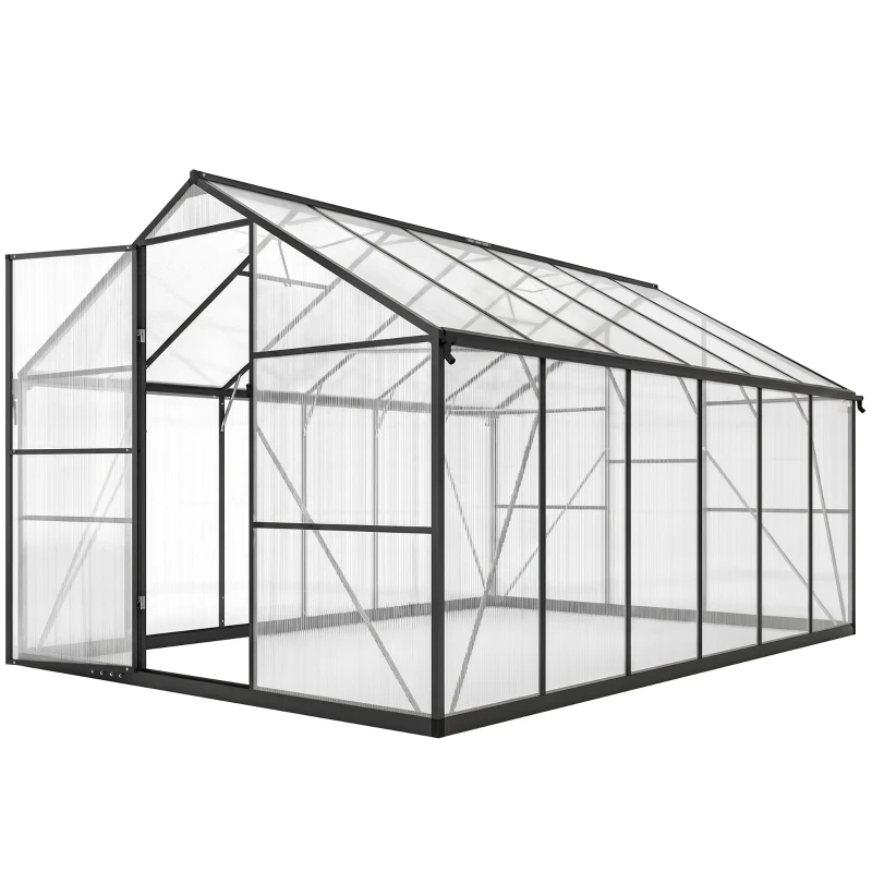 Serre polycarbonate noire de 8,97 m² avec fenêtres réglables porte et gouttières