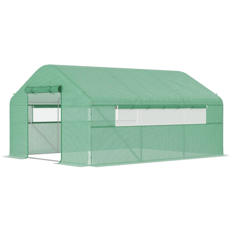 Serre tunnel de 12 m² mesurant 4 x 3 x 2 m avec portes enroulables et fenêtres en vert