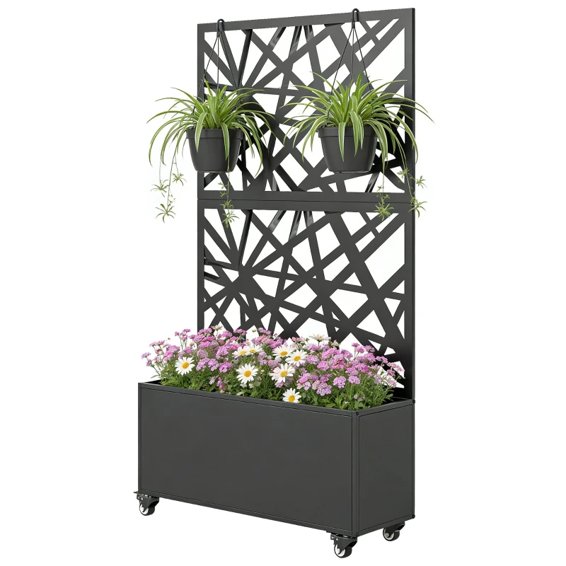Jardinière avec treillis, bac à fleurs, avec brise-vue et roulettes verrouillables, métal, 90 x 30 x 160 cm, noir