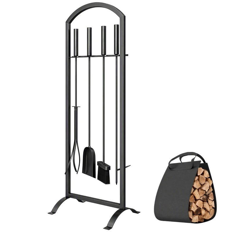 Serviteur de Cheminée 6 Pièces en Métal avec Sac à Bûches 30 x 22 x 86 cm Noir