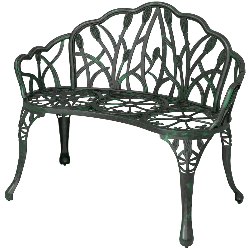 Banc de jardin en aluminium moulé, banc extérieur 2 places avec dossier tulipe, assise florale, 99x57x78cm, vert antique