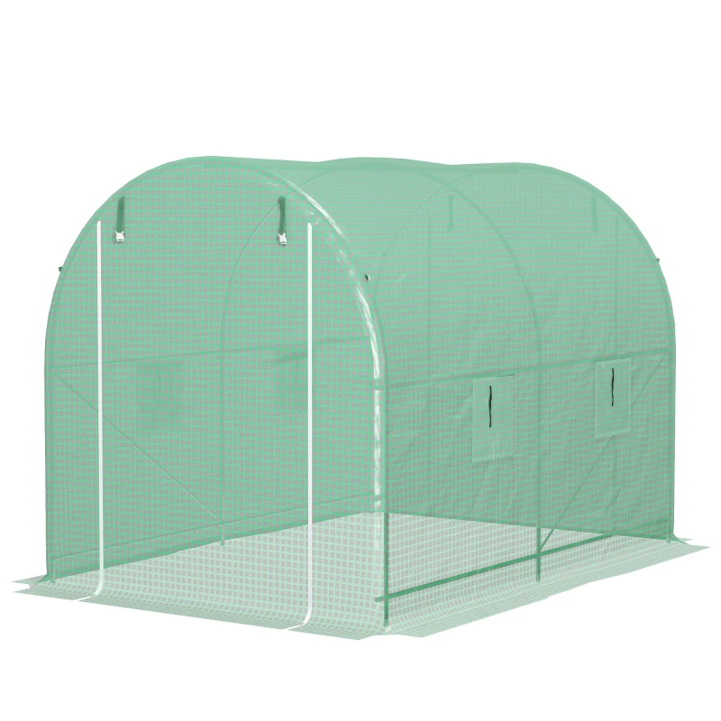 Serre tunnel de 6 m² mesurant 3 x 2 x 2,1 m avec double porte et 4 fenêtres en vert