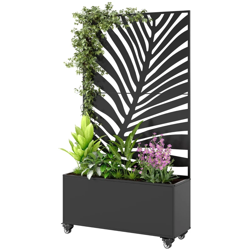 Jardinière avec treillis, bac à fleurs, avec brise-vue et roulettes verrouillables, métal, 90 x 30 x 160 cm, noir