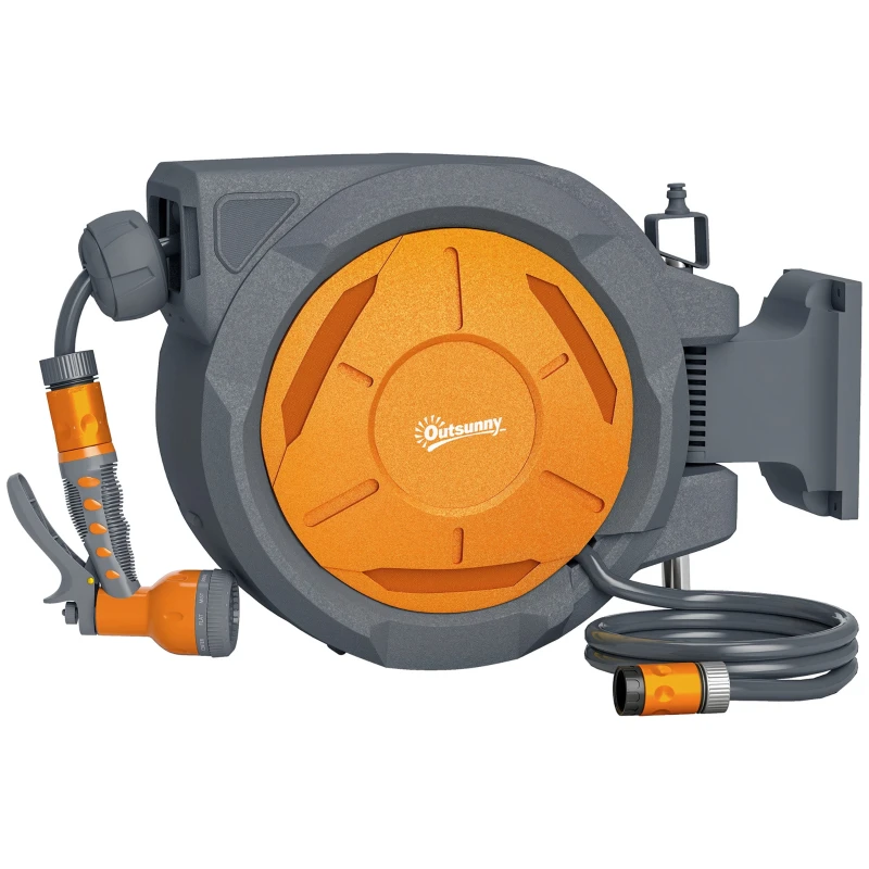 Enrouleur Tuyau Arrosage Mural 30 m x 15 mm, Dévidoir Automatique de Tuyaux d'Eau Rétractable Automatique Pivotant à 180°, Buse à 7 Modes, pour Jardin et Lavage de Voiture, Orange