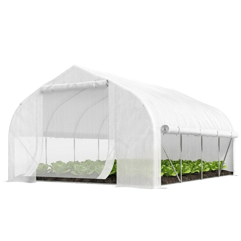 Serre tunnel de 12 m² mesurant 395 x 300 x 200 cm avec porte et 8 fenêtres en blanc