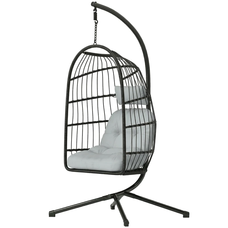 Fauteuil Suspendu Œuf avec Support, Balancelle Jardin Extérieur avec Panier Pliable en Rotin, Coussin Épais, Appui‑tête, Hauteur Réglable, Structure Métallique pour Intérieur et Extérieur, Gris clair