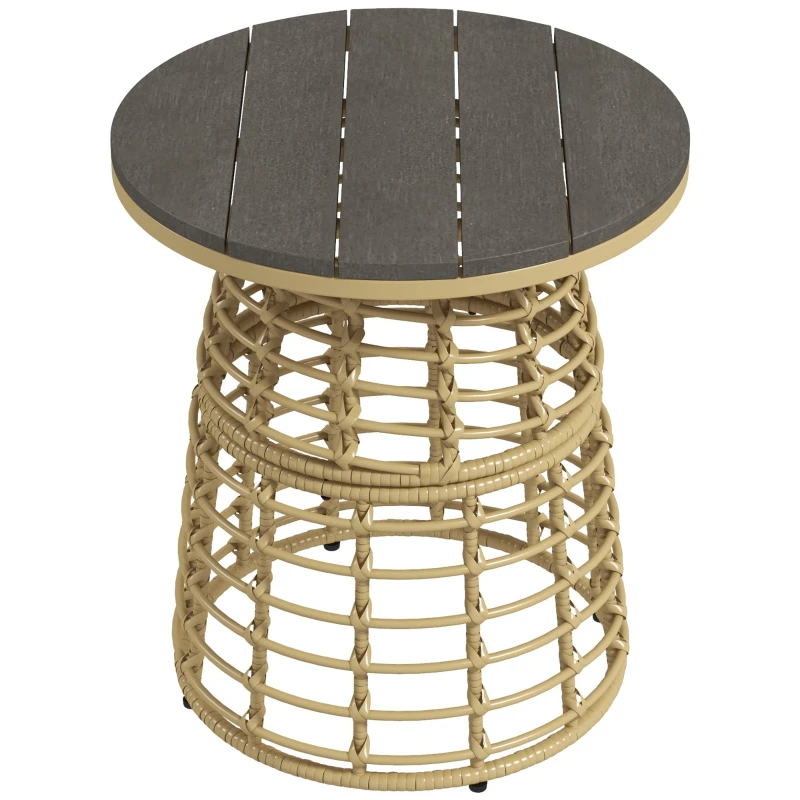 Table basse de jardin, table d'appoint extérieur ronde en résine aspect rotin métal et plateau composite, Ø 45 x 50 cm naturel