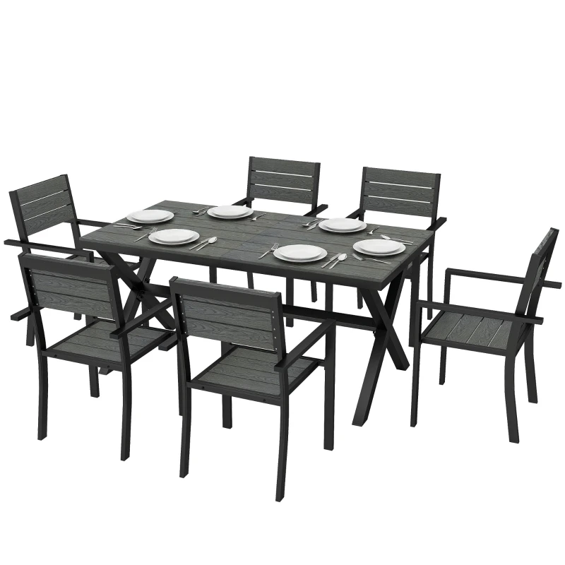 Salon de Jardin 7 Pièces, Ensemble Table et Chaises en Aluminium pour 6, Table Extérieure avec Lattes Effet Bois et Chaises Empilables, Gris