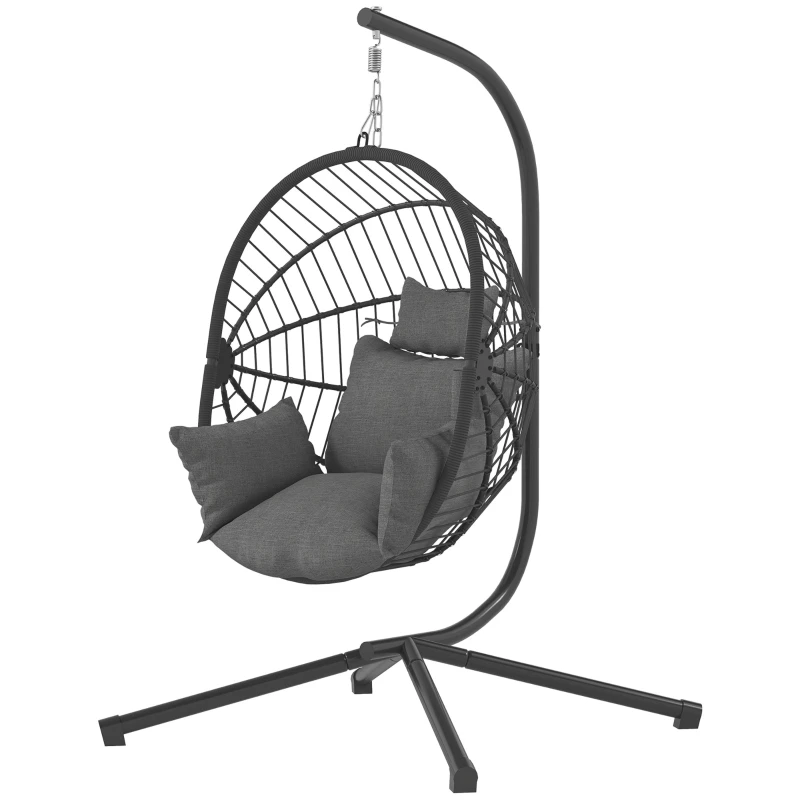 Fauteuil œuf suspendu, chaise hamac balançoire intérieur et extérieur, panier pliable, coussin rembourré, gris