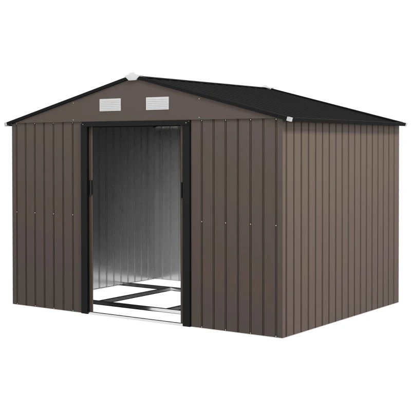 Abri de jardin en acier galvanisé XXL 5,4 m2 avec kit de fondation 277 x 195 x 192 cm, cabane de jardin cabanon rangement outils avec portes coulissantes verrouillables et 4 aérations, marron
