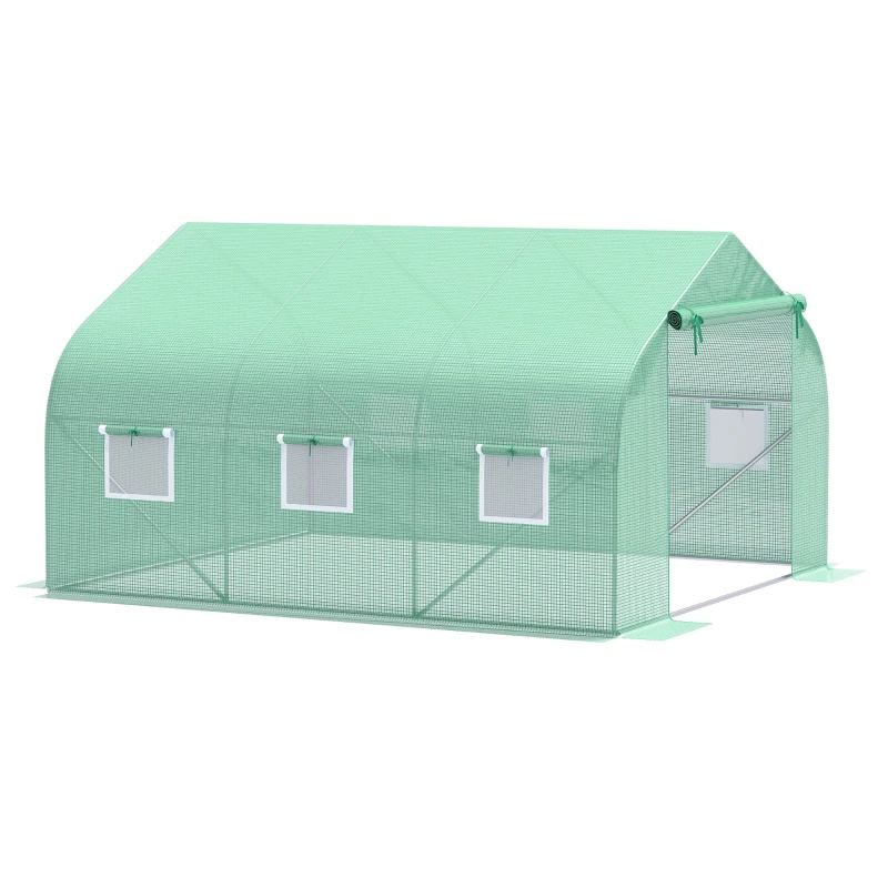 Serre Tunnel de Jardin 10,5 m2 dim. 3,5L x 3l x 2H m Porte + 6 fenêtres enroulables Acier galvanisé bache PE Haute densité Vert