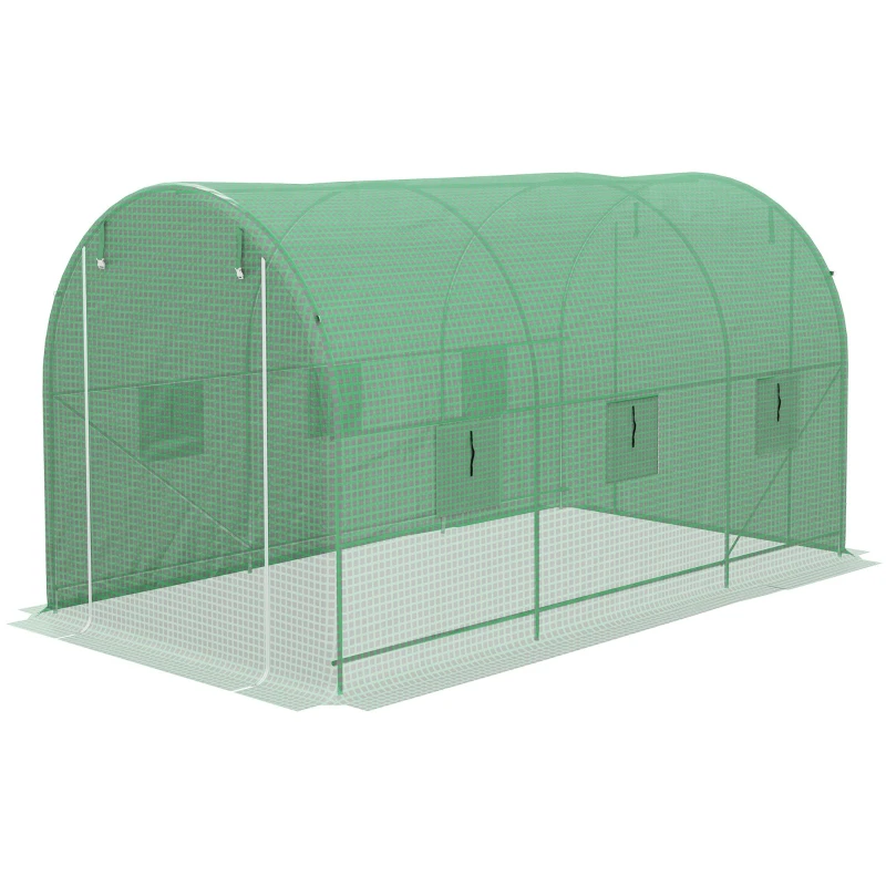 Serre tunnel de 8 m² mesurant 4 x 2 x 2,05 m avec double porte et 6 fenêtres en vert