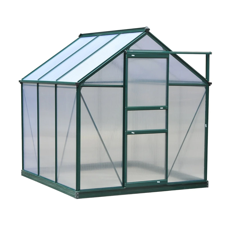 Serre polycarbonate 3,65 m² avec fondation et lucarne et porte coulissante en vert