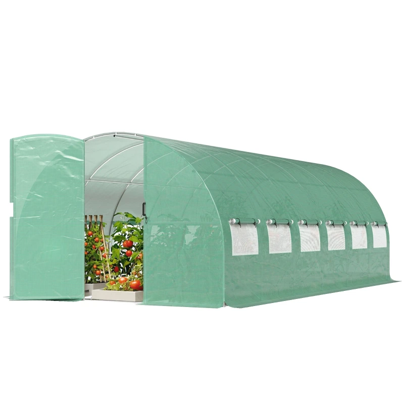 Serre tunnel de 18 m² mesurant 295 x 597 x 200 cm avec 12 fenêtres de couleur verte