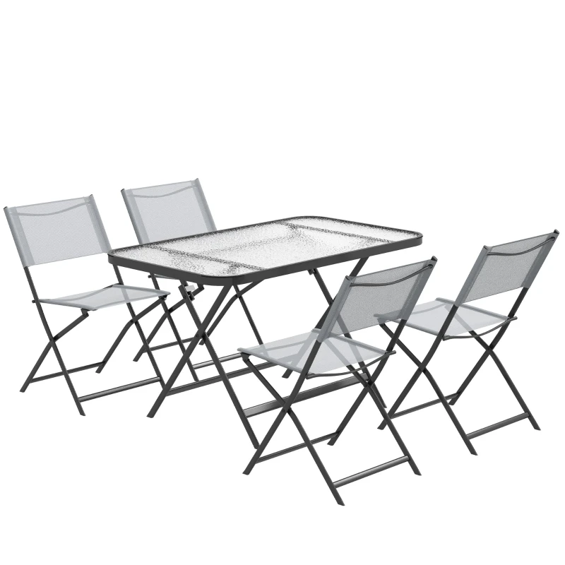 Ensemble de jardin 4 chaises + 1 table salon de jardin 5 pièces pilables chaises textilènes et plateau en verre trempé gris