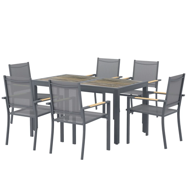 Ensemble Salle à Manger Extérieur 7 Pièces, Table et 6 Chaises Empilables, Plateau Faux Bois, Maille Respirante, Gris Foncé