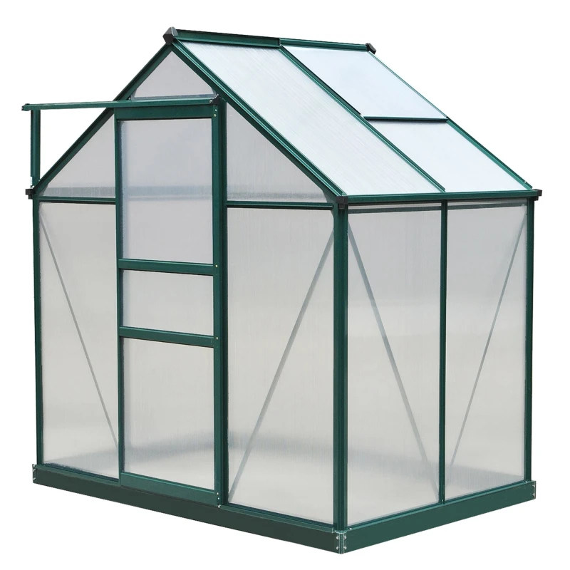 Serre polycarbonate 2,51 m² avec fondation et lucarne et porte coulissante en vert