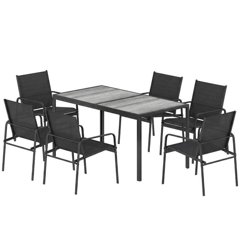 Salon de Jardin Extérieur pour 6 Personnes, Table de Patio Effet Bois et Chaises avec Assise en Maille Respirante, Cadre en Acier Galvanisé, Noir